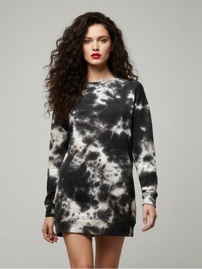 Chaser Grey & White Tie Dye Long Sleeve Fleece Tunic Top Size M